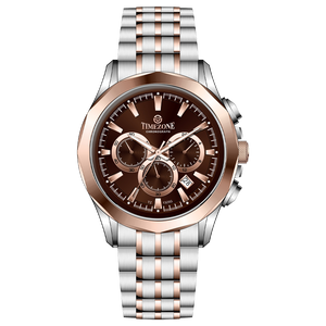A stainless steel Timezone watch with a chronograph movement, a rose gold band, and a silver dial with rose gold hands. Discover timezone watches: elegant branded wrist watches for men in pakistan.
