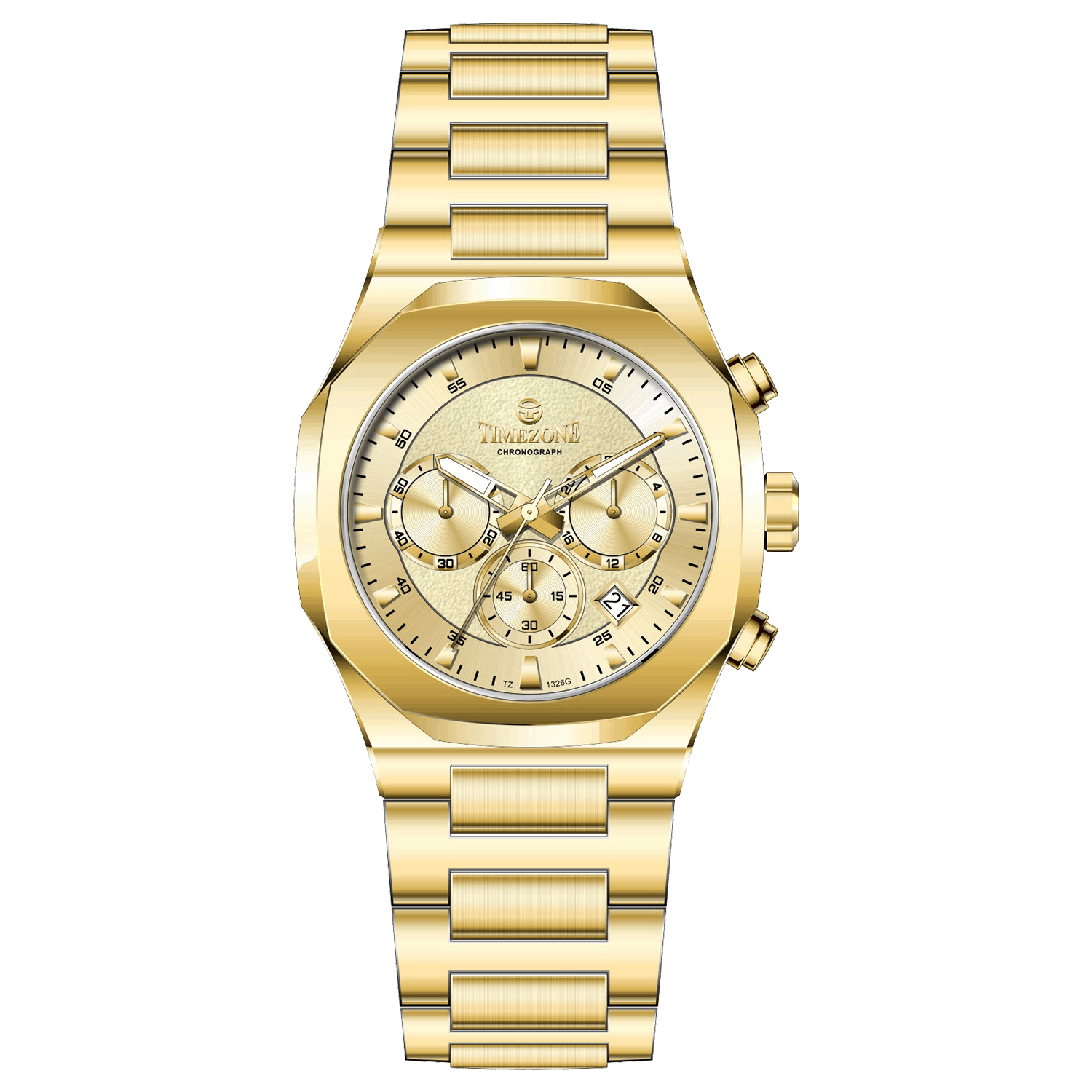 A gold-toned watch with a stainless steel band and a chronograph movement. It features a sophisticated design with a clear dial and a date display. Discover timezone watches: elegant branded wrist watches for men in pakistan