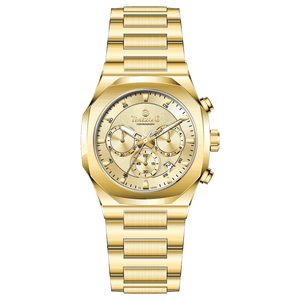 A gold-toned watch with a stainless steel band and a chronograph movement. It features a sophisticated design with a clear dial and a date display. Discover timezone watches: elegant branded wrist watches for men in pakistan