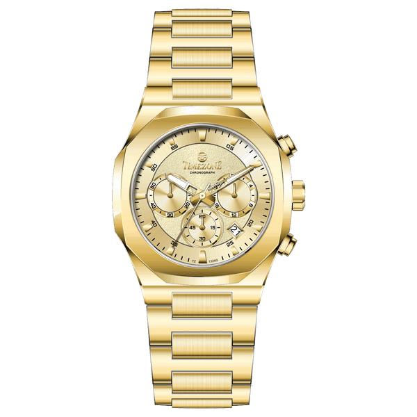 A gold-toned watch with a stainless steel band and a chronograph movement. It features a sophisticated design with a clear dial and a date display. Discover timezone watches: elegant branded wrist watches for men in pakistan