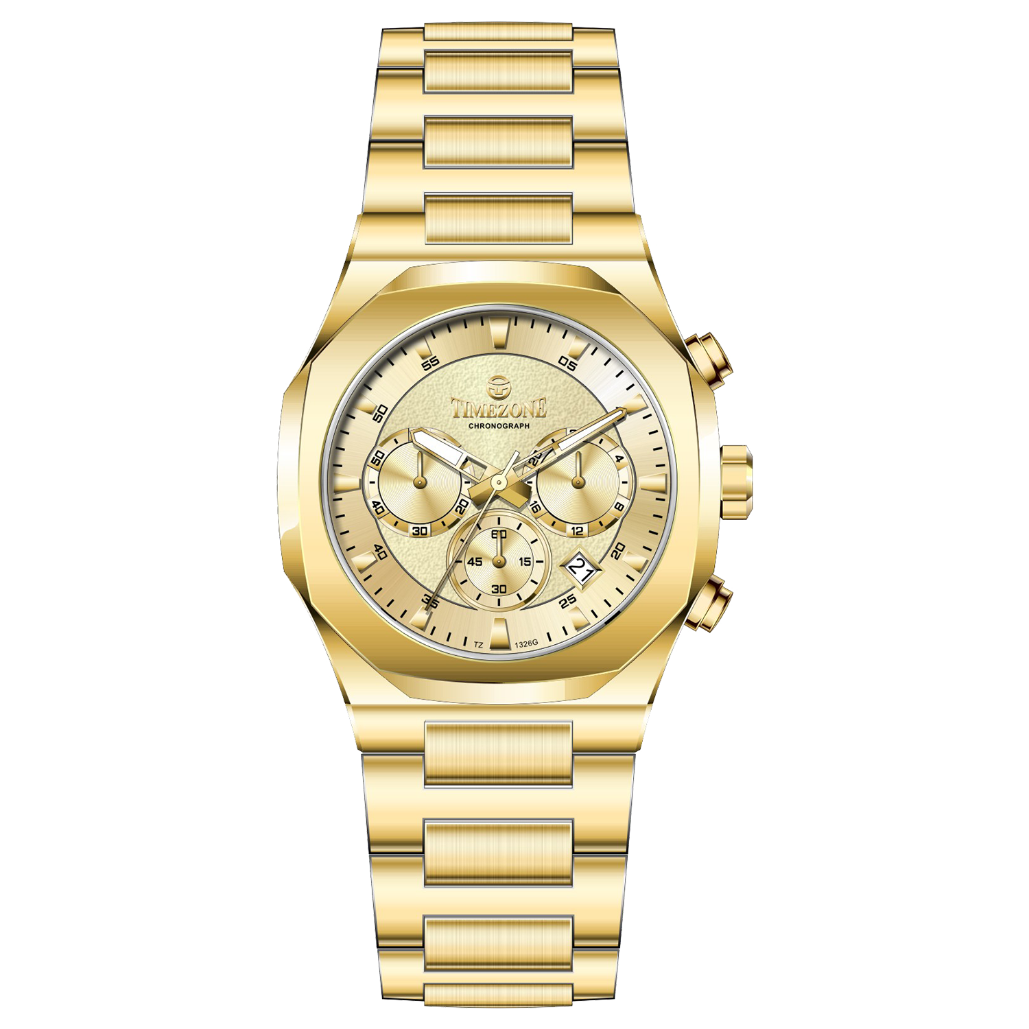 A gold-toned watch with a stainless steel band and a chronograph movement. It features a sophisticated design with a clear dial and a date display. Discover timezone watches: elegant branded wrist watches for men in pakistan