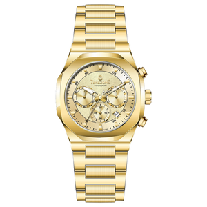 A gold-toned watch with a stainless steel band and a chronograph movement. It features a sophisticated design with a clear dial and a date display. Discover timezone watches: elegant branded wrist watches for men in pakistan