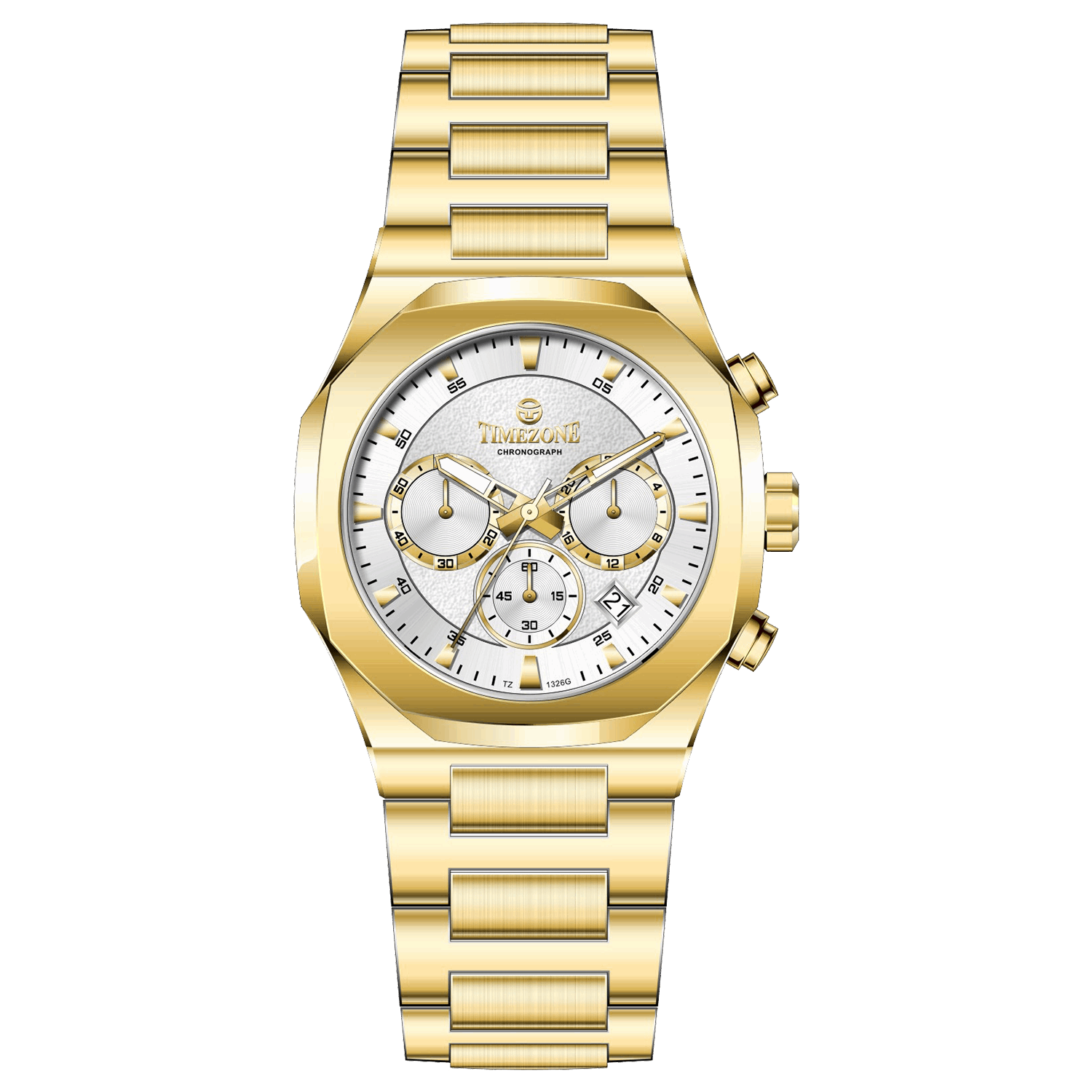 A gold-toned watch with a stainless steel band and a chronograph movement. It features a sophisticated design with a clear dial and a date display. Discover timezone watches: elegant branded wrist watches for men in pakistan