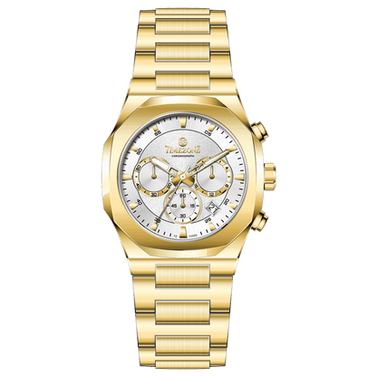 A gold-toned watch with a stainless steel band and a chronograph movement. It features a sophisticated design with a clear dial and a date display. Discover timezone watches: elegant branded wrist watches for men in pakistan