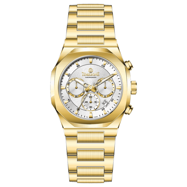 A gold-toned watch with a stainless steel band and a chronograph movement. It features a sophisticated design with a clear dial and a date display. Discover timezone watches: elegant branded wrist watches for men in pakistan