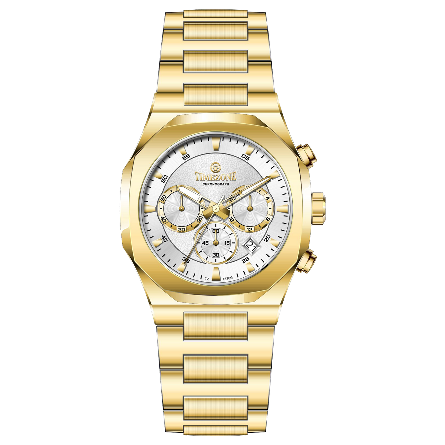 A gold-toned watch with a stainless steel band and a chronograph movement. It features a sophisticated design with a clear dial and a date display. Discover timezone watches: elegant branded wrist watches for men in pakistan