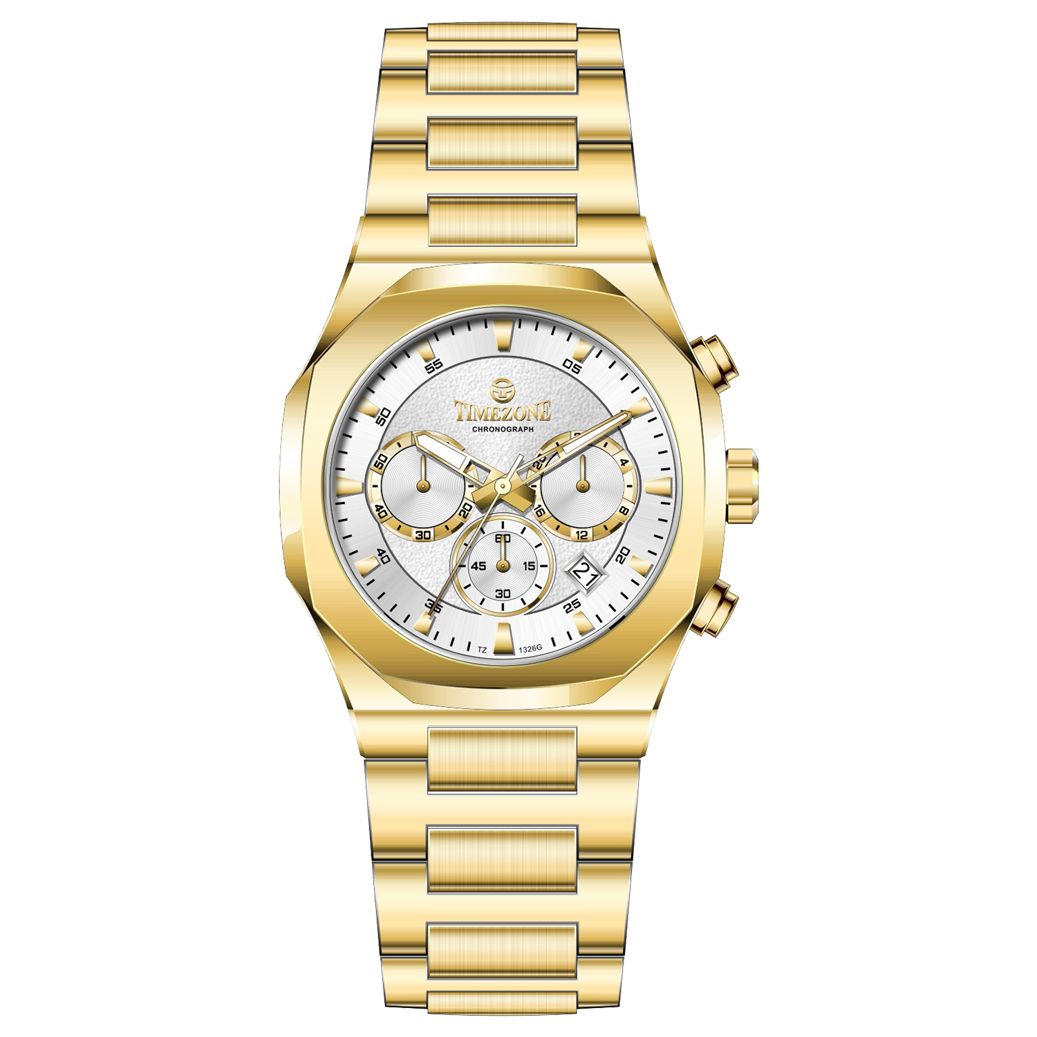 A gold-toned watch with a stainless steel band and a chronograph movement. It features a sophisticated design with a clear dial and a date display. Discover timezone watches: elegant branded wrist watches for men in pakistan