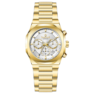 A gold-toned watch with a stainless steel band and a chronograph movement. It features a sophisticated design with a clear dial and a date display. Discover timezone watches: elegant branded wrist watches for men in pakistan