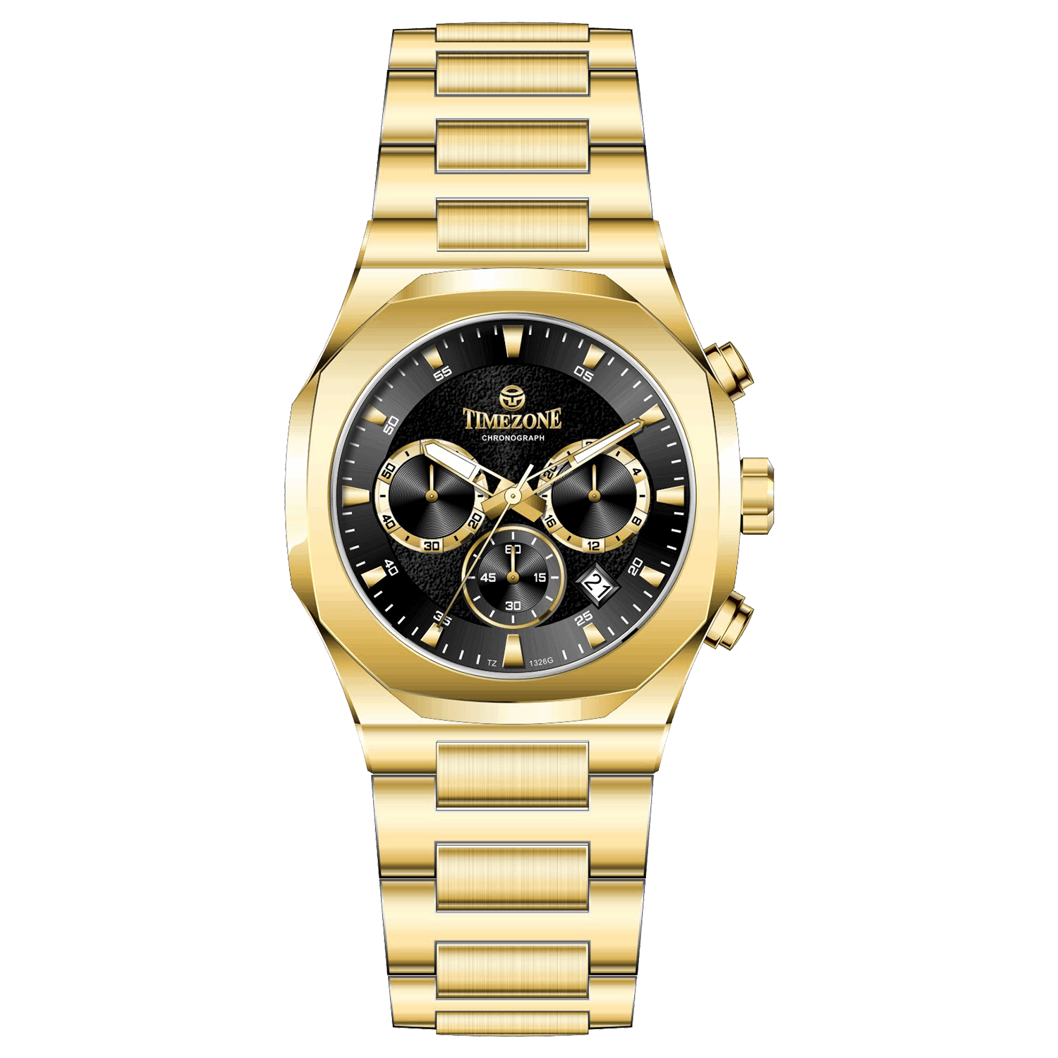 A gold-toned watch with a stainless steel band and a chronograph movement. It features a sophisticated design with a clear dial and a date display. Discover timezone watches: elegant branded wrist watches for men in pakistan