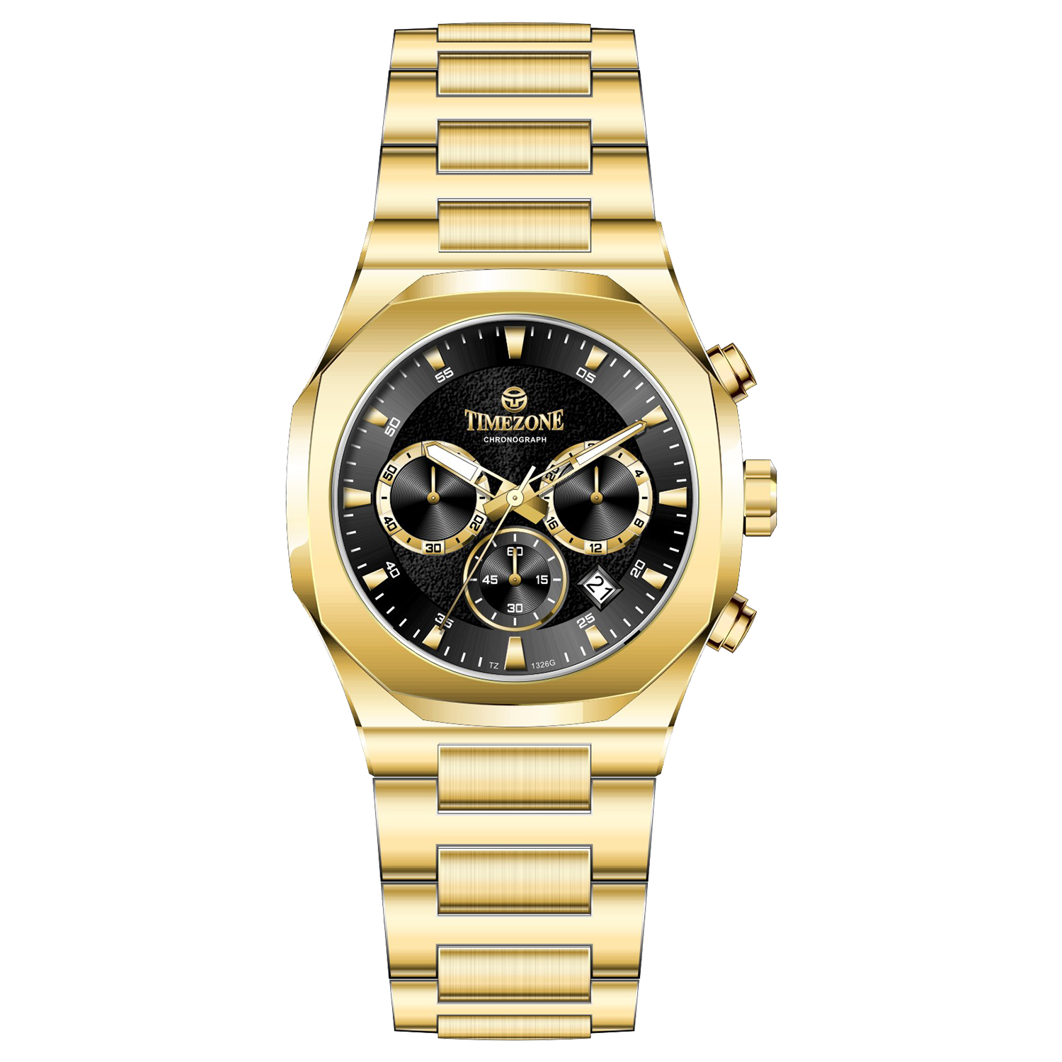 A gold-toned watch with a stainless steel band and a chronograph movement. It features a sophisticated design with a clear dial and a date display. Discover timezone watches: elegant branded wrist watches for men in pakistan