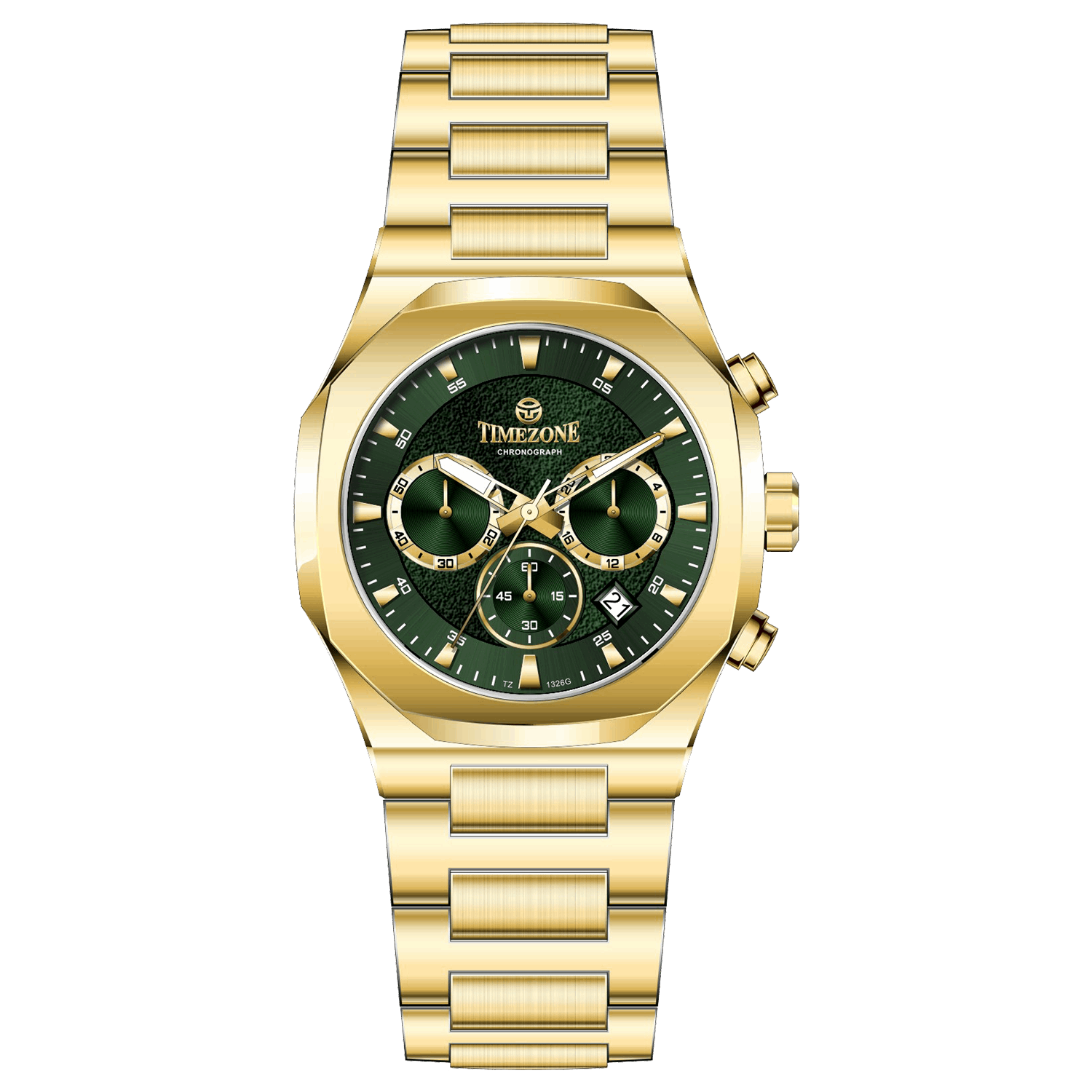 A gold-toned watch with a stainless steel band and a chronograph movement. It features a sophisticated design with a clear dial and a date display. Discover timezone watches: elegant branded wrist watches for men in pakistan