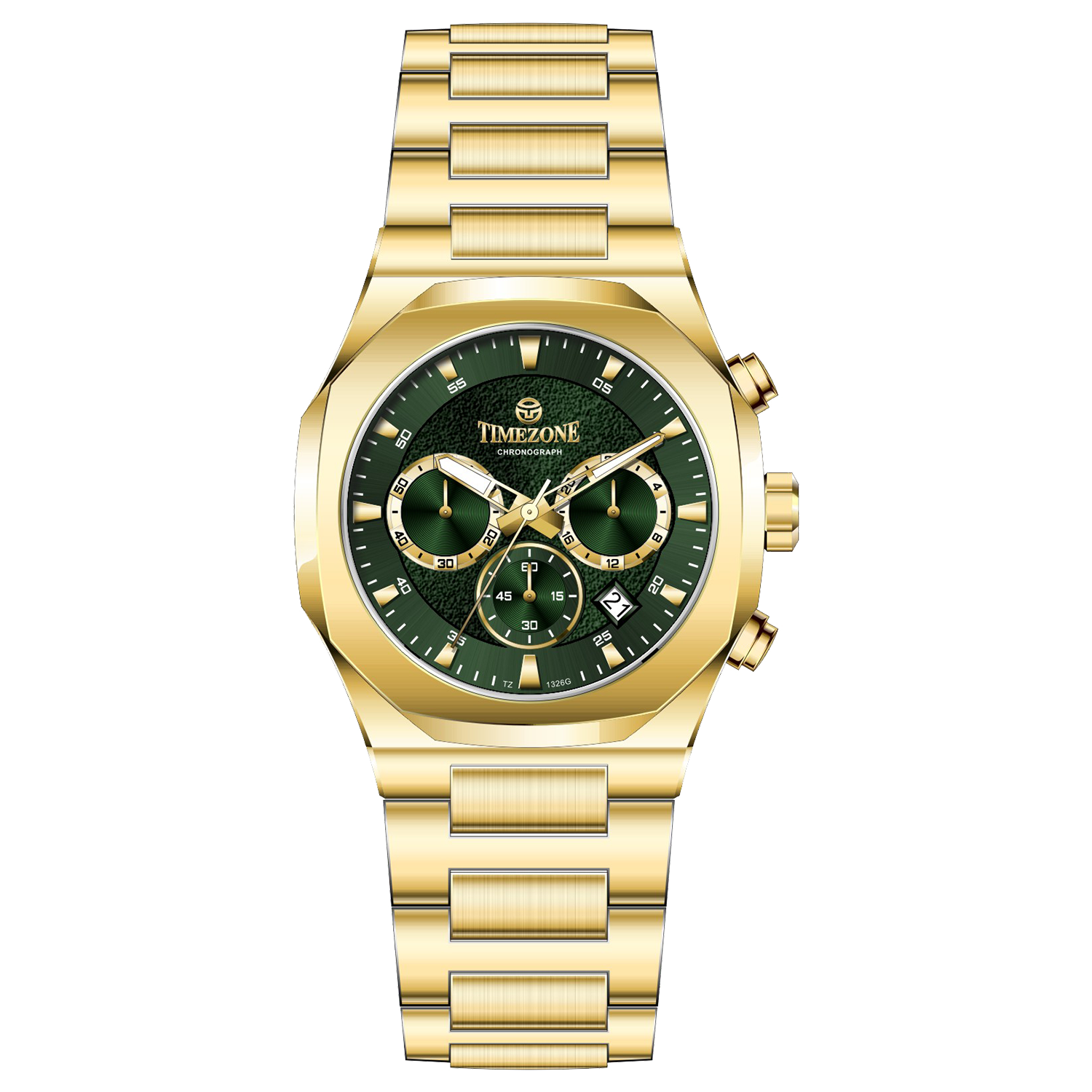 A gold-toned watch with a stainless steel band and a chronograph movement. It features a sophisticated design with a clear dial and a date display. Discover timezone watches: elegant branded wrist watches for men in pakistan