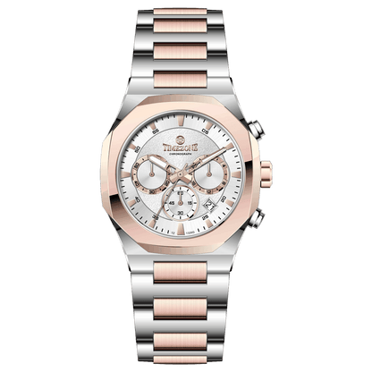 Branded wrist watches for men in pakistan. A Voltamic Timecraft watch with a silver and rose gold stainless steel band and a silver dial.