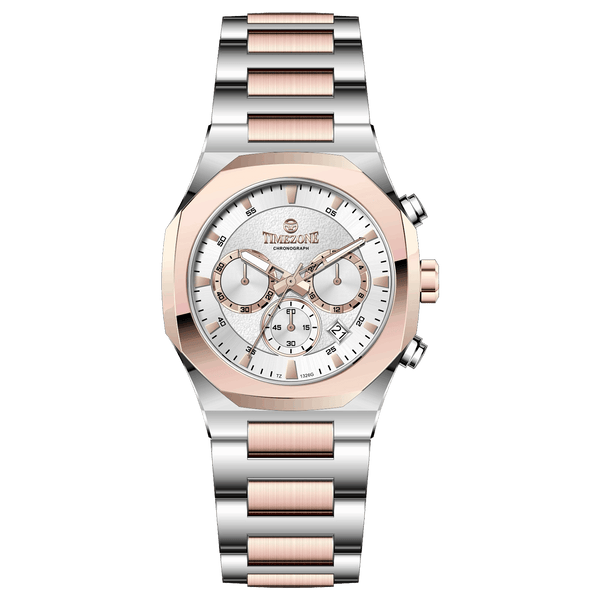 Branded wrist watches for men in pakistan. A Voltamic Timecraft watch with a silver and rose gold stainless steel band and a silver dial.