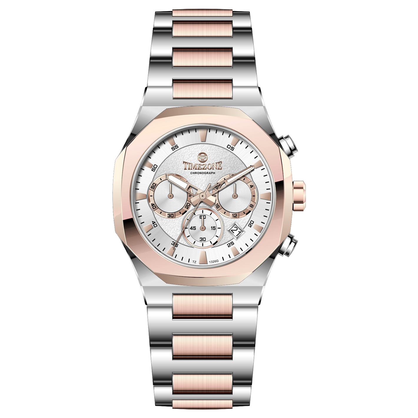 Branded wrist watches for men in pakistan. A Voltamic Timecraft watch with a silver and rose gold stainless steel band and a silver dial.