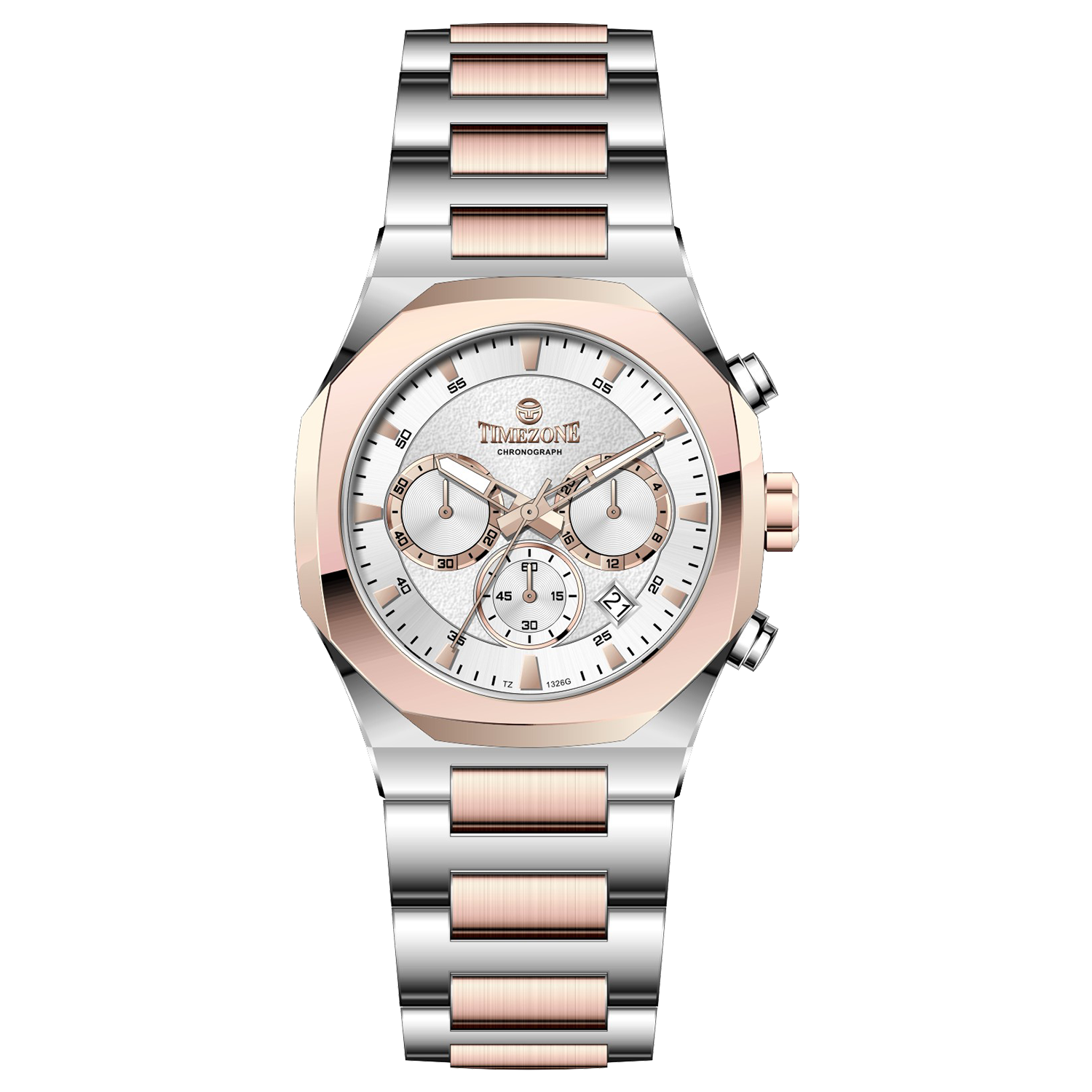 Branded wrist watches for men in pakistan. A Voltamic Timecraft watch with a silver and rose gold stainless steel band and a silver dial.