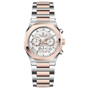 Branded wrist watches for men in pakistan. A Voltamic Timecraft watch with a silver and rose gold stainless steel band and a silver dial.