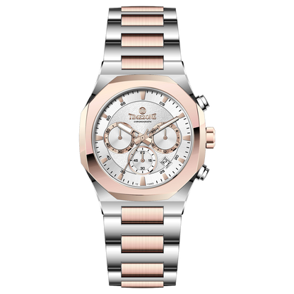 Branded wrist watches for men in pakistan. A Voltamic Timecraft watch with a silver and rose gold stainless steel band and a silver dial.