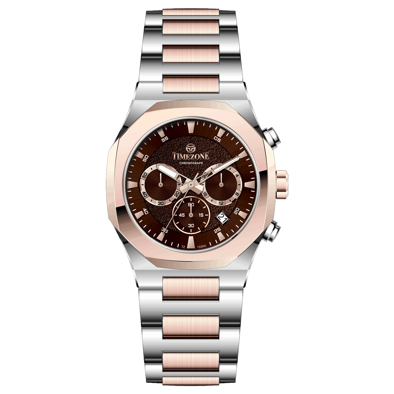 Branded wrist watches for men in pakistan. A Voltamic Timecraft watch with a silver and rose gold stainless steel band and a silver dial.