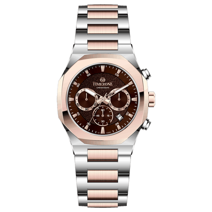 Branded wrist watches for men in pakistan. A Voltamic Timecraft watch with a silver and rose gold stainless steel band and a silver dial.