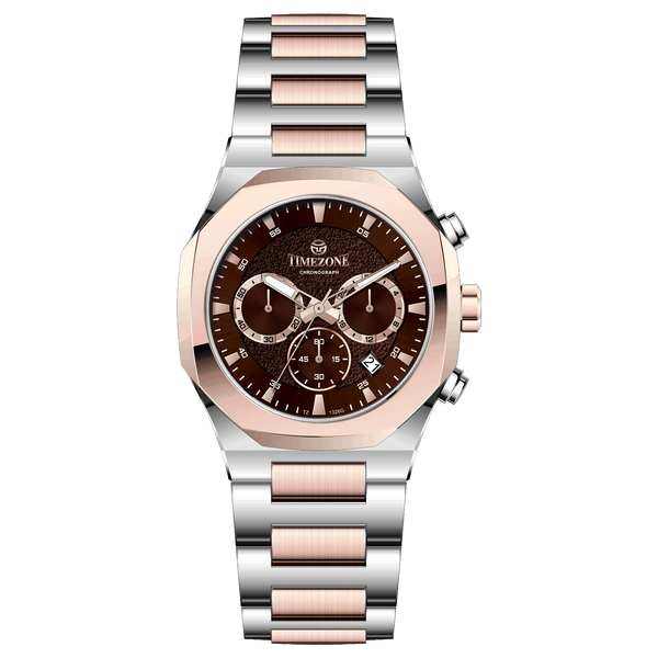Branded wrist watches for men in pakistan. A Voltamic Timecraft watch with a silver and rose gold stainless steel band and a silver dial.