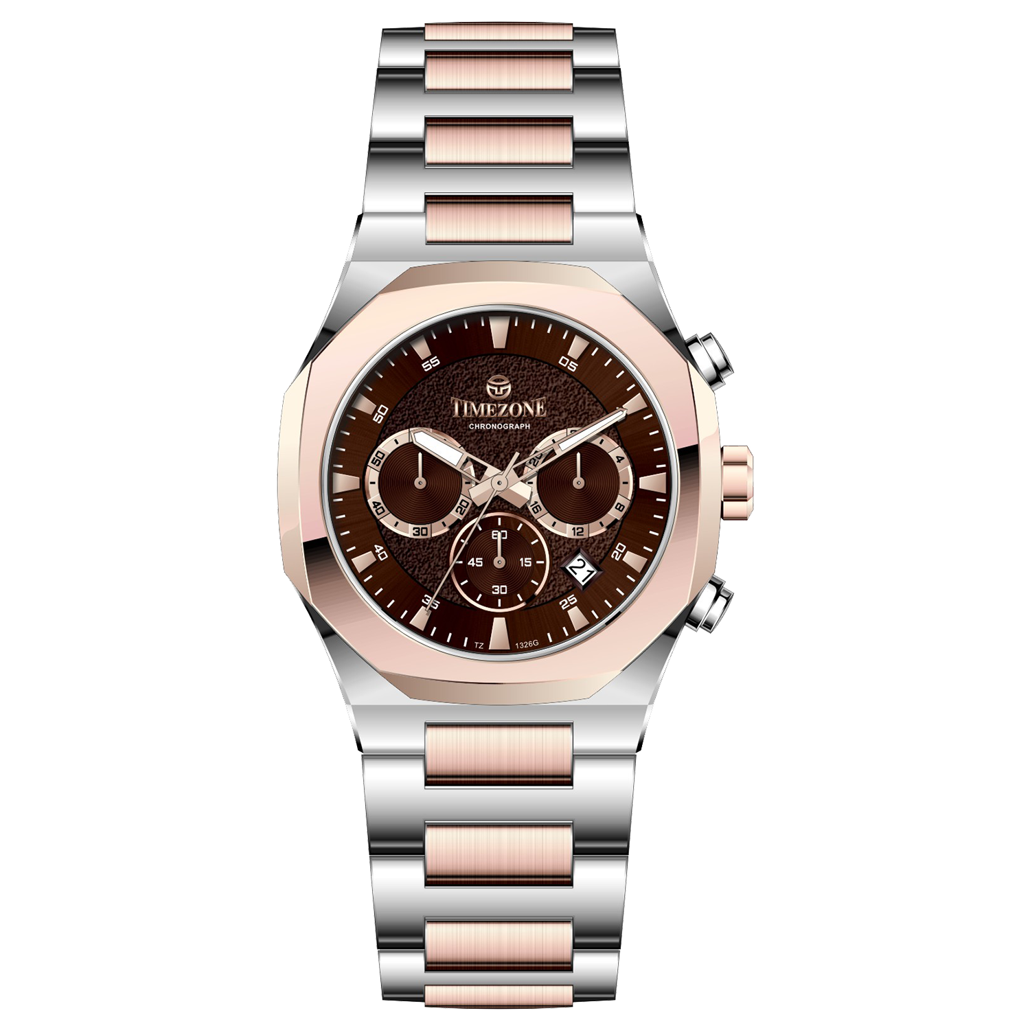 Branded wrist watches for men in pakistan. A Voltamic Timecraft watch with a silver and rose gold stainless steel band and a silver dial.