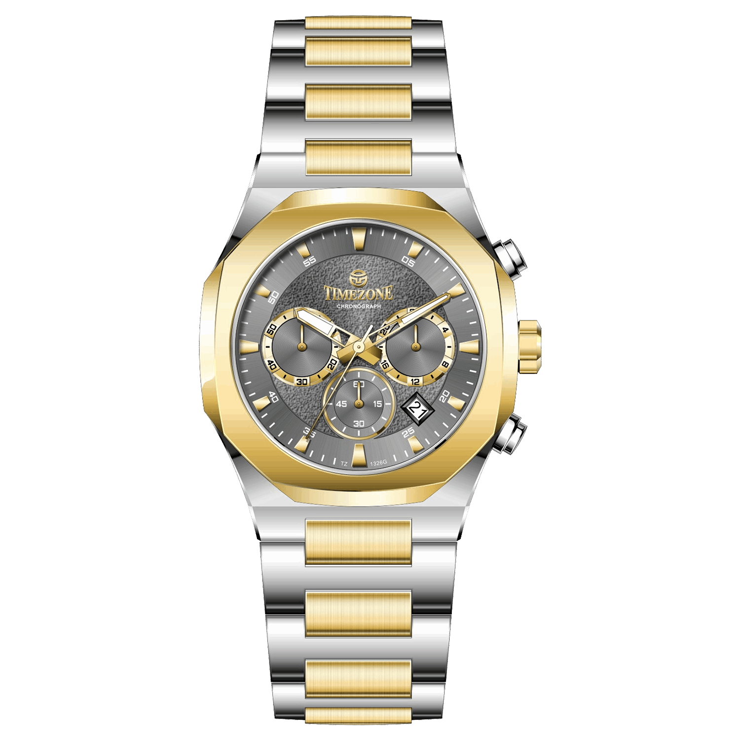 Discover timezone watches: elegant branded wrist watches for men in pakistan. A silver-toned stainless steel watch with a gold-tone band and dial, featuring a chronograph movement and a date display.
