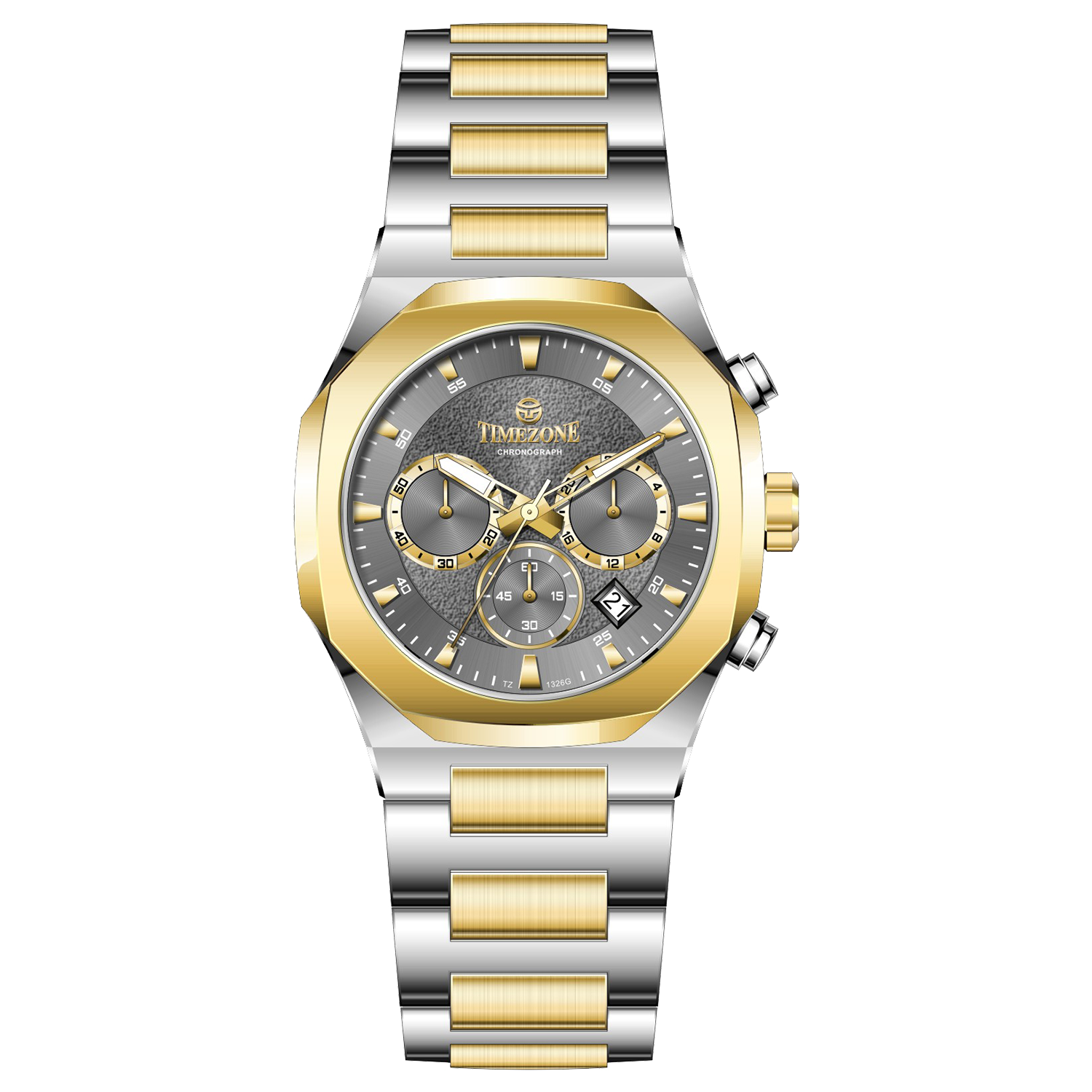 Discover timezone watches: elegant branded wrist watches for men in pakistan. A silver-toned stainless steel watch with a gold-tone band and dial, featuring a chronograph movement and a date display.