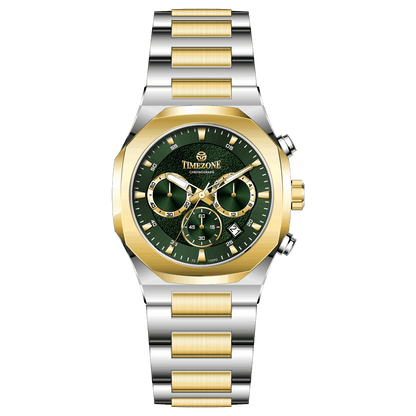 Discover timezone watches: elegant branded wrist watches for men in pakistan. A silver-toned stainless steel watch with a gold-tone band and dial, featuring a chronograph movement and a date display.