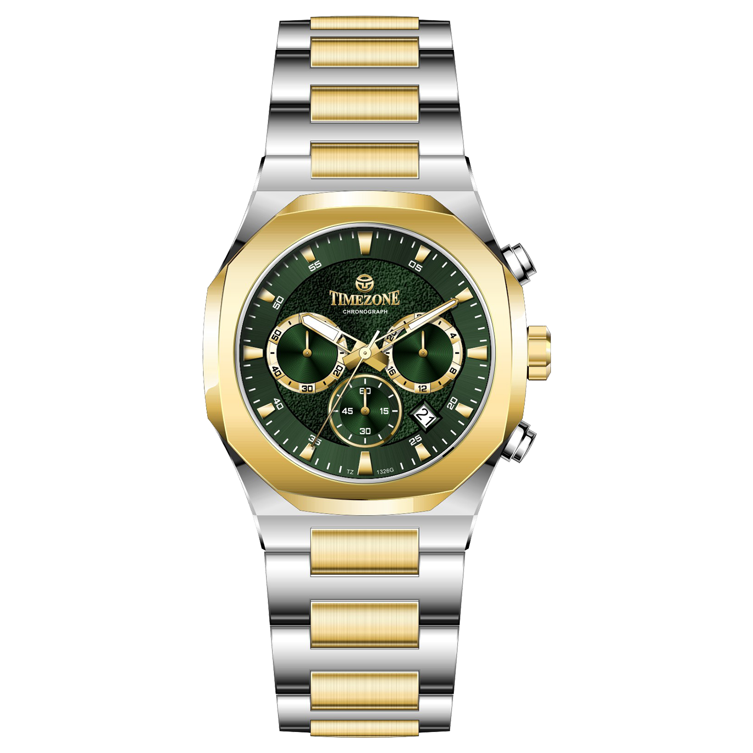 Discover timezone watches: elegant branded wrist watches for men in pakistan. A silver-toned stainless steel watch with a gold-tone band and dial, featuring a chronograph movement and a date display.