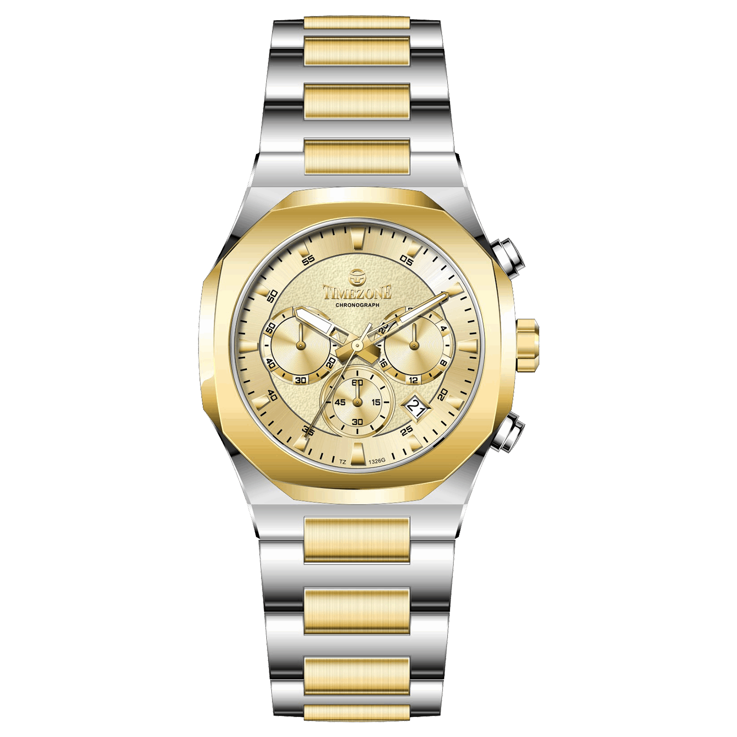 Discover timezone watches: elegant branded wrist watches for men in pakistan. A silver-toned stainless steel watch with a gold-tone band and dial, featuring a chronograph movement and a date display.