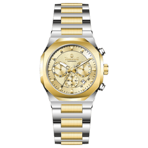 Discover timezone watches: elegant branded wrist watches for men in pakistan. A silver-toned stainless steel watch with a gold-tone band and dial, featuring a chronograph movement and a date display.