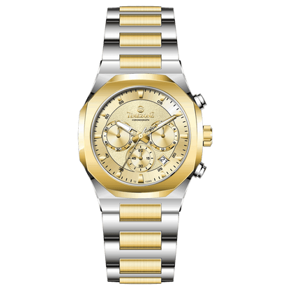 Discover timezone watches: elegant branded wrist watches for men in pakistan. A silver-toned stainless steel watch with a gold-tone band and dial, featuring a chronograph movement and a date display.