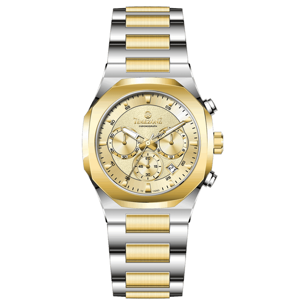 Discover timezone watches: elegant branded wrist watches for men in pakistan. A silver-toned stainless steel watch with a gold-tone band and dial, featuring a chronograph movement and a date display.