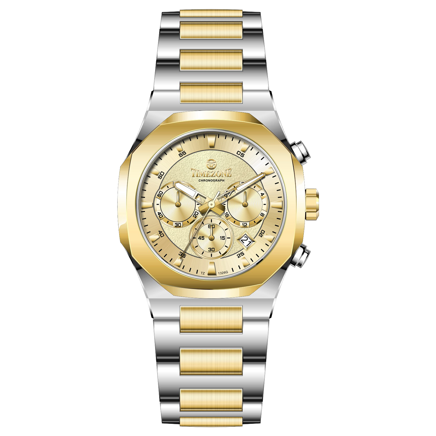 Discover timezone watches: elegant branded wrist watches for men in pakistan. A silver-toned stainless steel watch with a gold-tone band and dial, featuring a chronograph movement and a date display.