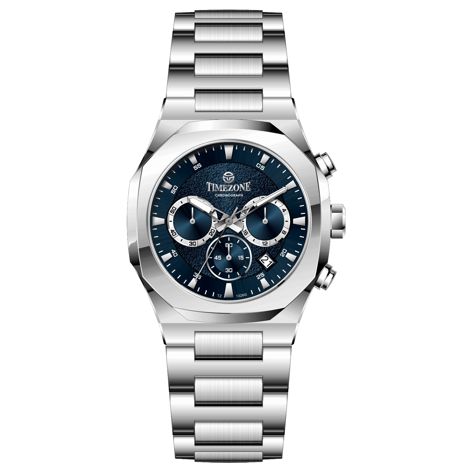 A silver stainless steel watch with a chronograph function, a date display, and a stainless steel band. Discover timezone watches: elegant branded wrist watches for men in pakistan