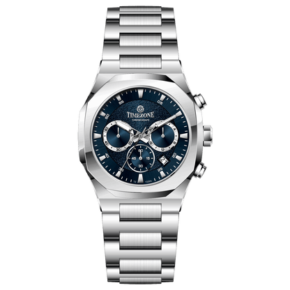A silver stainless steel watch with a chronograph function, a date display, and a stainless steel band. Discover timezone watches: elegant branded wrist watches for men in pakistan