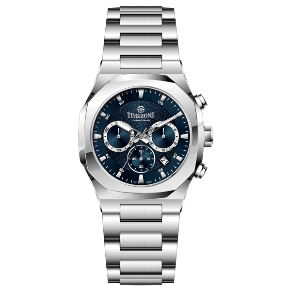 A silver stainless steel watch with a chronograph function, a date display, and a stainless steel band. Discover timezone watches: elegant branded wrist watches for men in pakistan