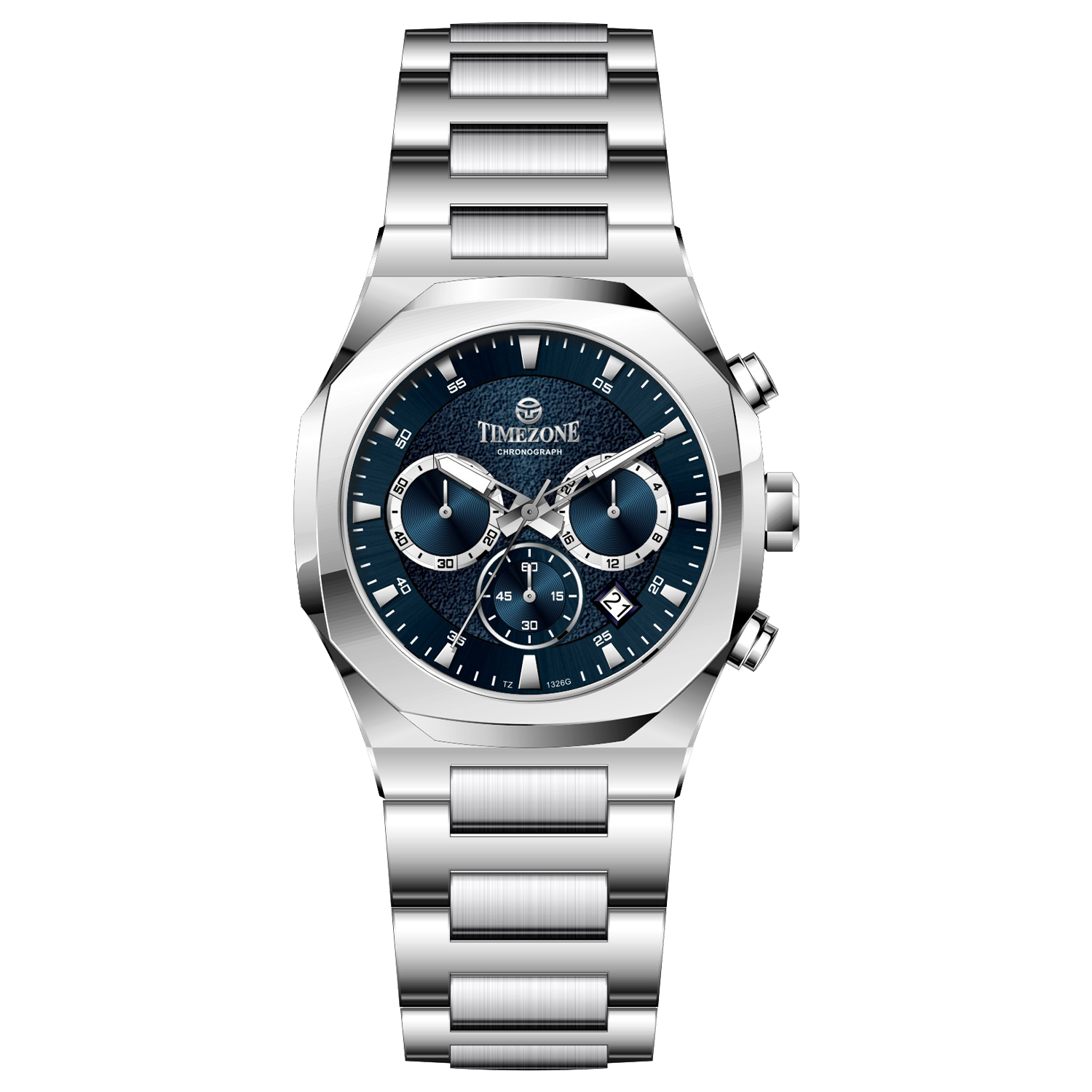 A silver stainless steel watch with a chronograph function, a date display, and a stainless steel band. Discover timezone watches: elegant branded wrist watches for men in pakistan