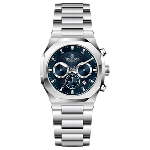 A silver stainless steel watch with a chronograph function, a date display, and a stainless steel band. Discover timezone watches: elegant branded wrist watches for men in pakistan