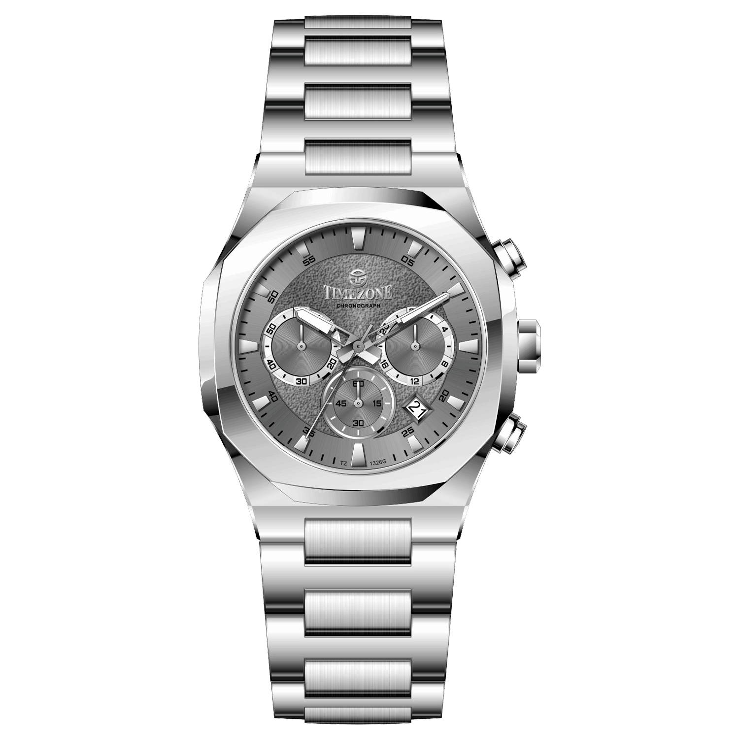 A silver stainless steel watch with a chronograph function, a date display, and a stainless steel band. Discover timezone watches: elegant branded wrist watches for men in pakistan
