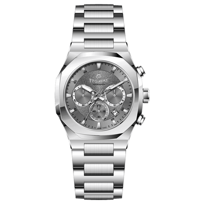 A silver stainless steel watch with a chronograph function, a date display, and a stainless steel band. Discover timezone watches: elegant branded wrist watches for men in pakistan
