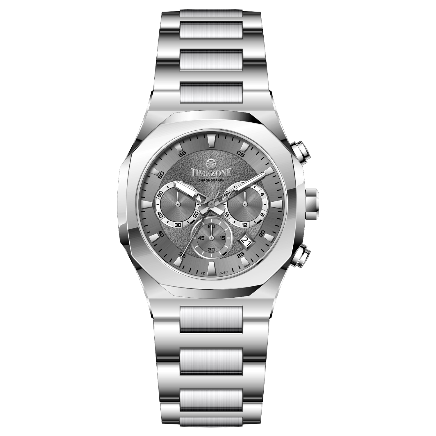 A silver stainless steel watch with a chronograph function, a date display, and a stainless steel band. Discover timezone watches: elegant branded wrist watches for men in pakistan