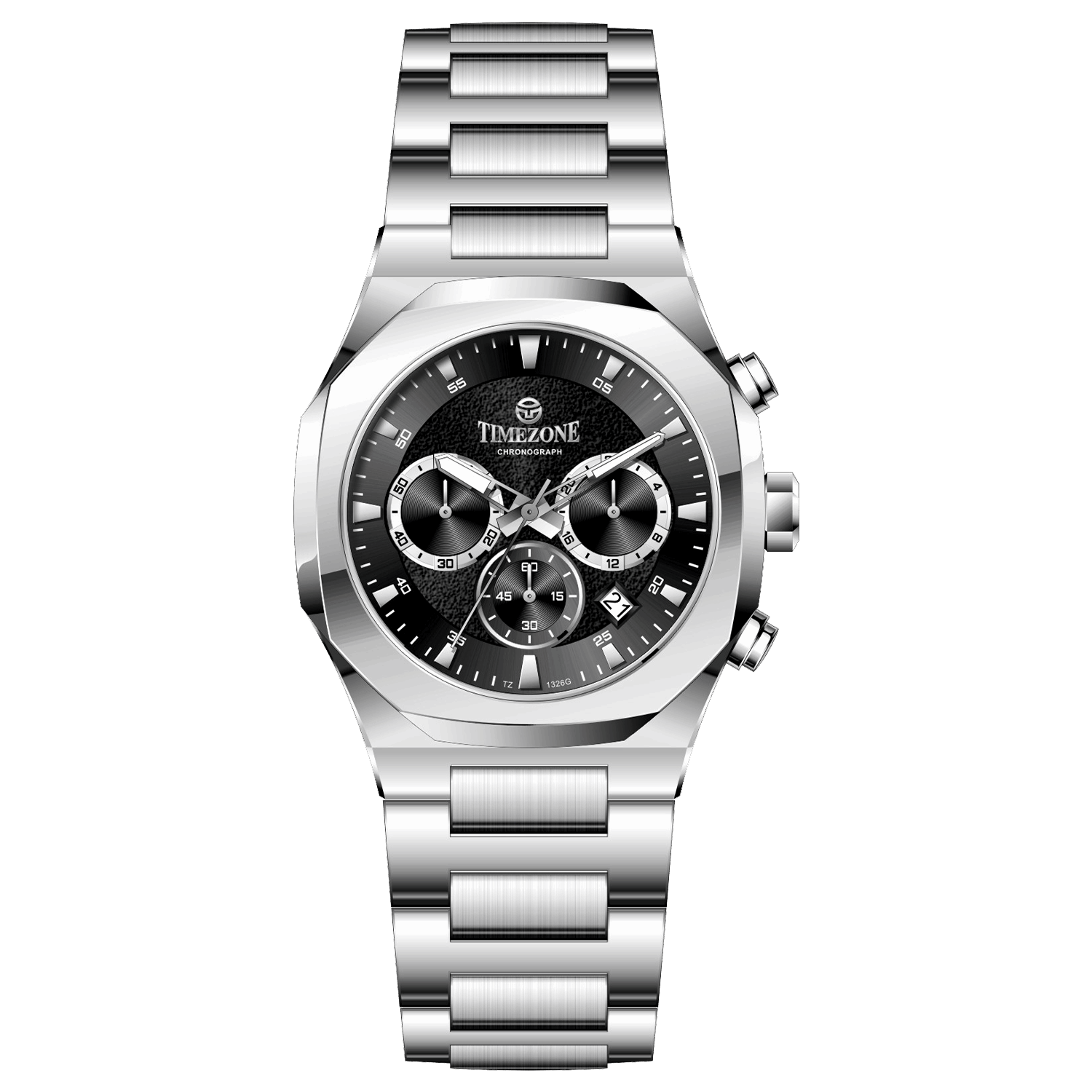 A silver stainless steel watch with a chronograph function, a date display, and a stainless steel band. Discover timezone watches: elegant branded wrist watches for men in pakistan
