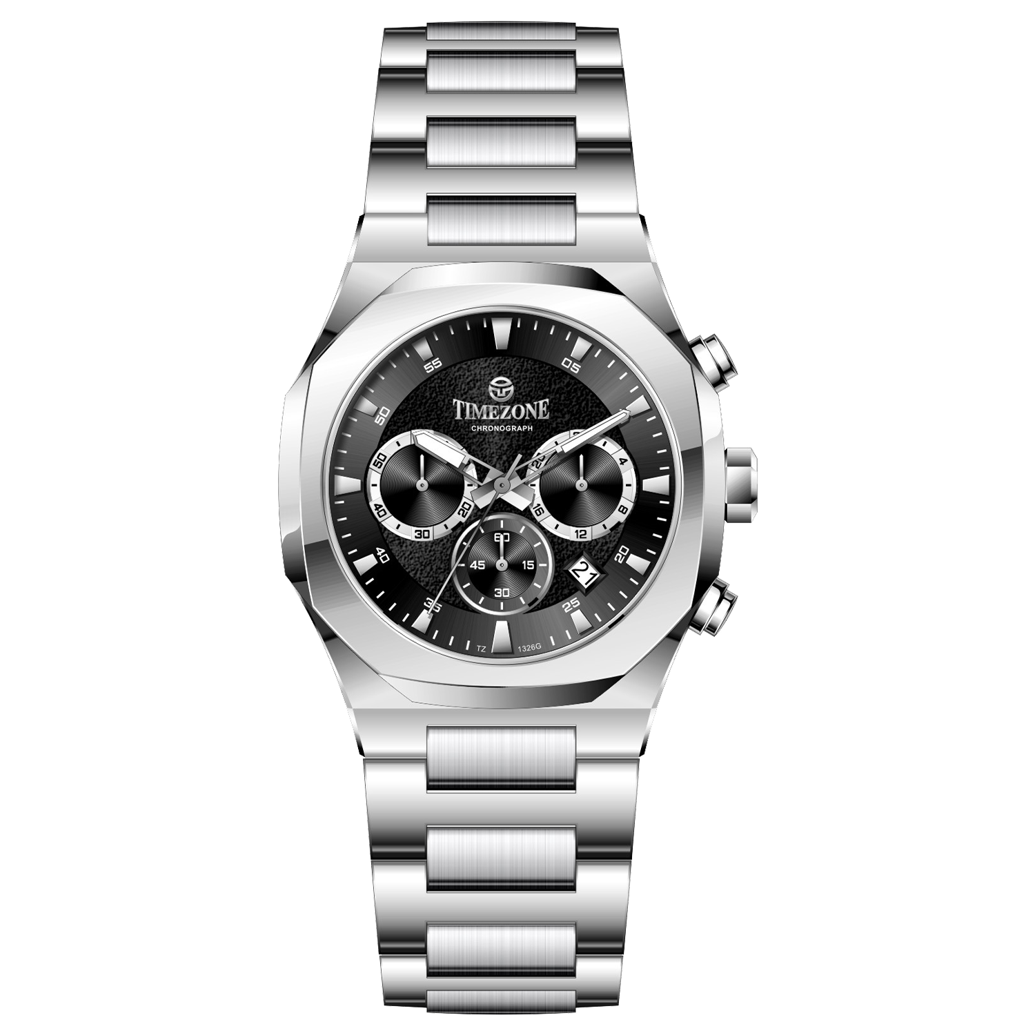 A silver stainless steel watch with a chronograph function, a date display, and a stainless steel band. Discover timezone watches: elegant branded wrist watches for men in pakistan