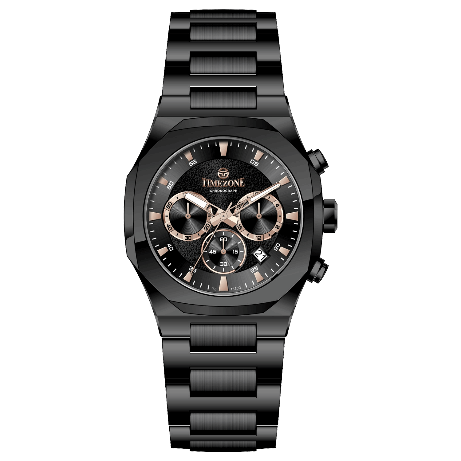 Branded wrist watches for men in pakistan. A black analog chronograph watch with a stainless steel band and a dial featuring multiple subdials and a date display.