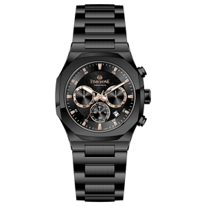 Branded wrist watches for men in pakistan. A black analog chronograph watch with a stainless steel band and a dial featuring multiple subdials and a date display.