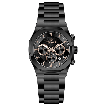Branded wrist watches for men in pakistan. A black analog chronograph watch with a stainless steel band and a dial featuring multiple subdials and a date display.