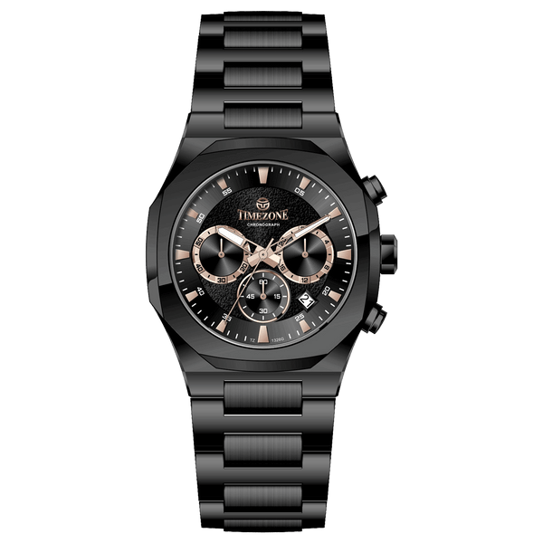 Branded wrist watches for men in pakistan. A black analog chronograph watch with a stainless steel band and a dial featuring multiple subdials and a date display.