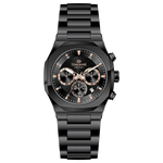 Branded wrist watches for men in pakistan. A black analog chronograph watch with a stainless steel band and a dial featuring multiple subdials and a date display.